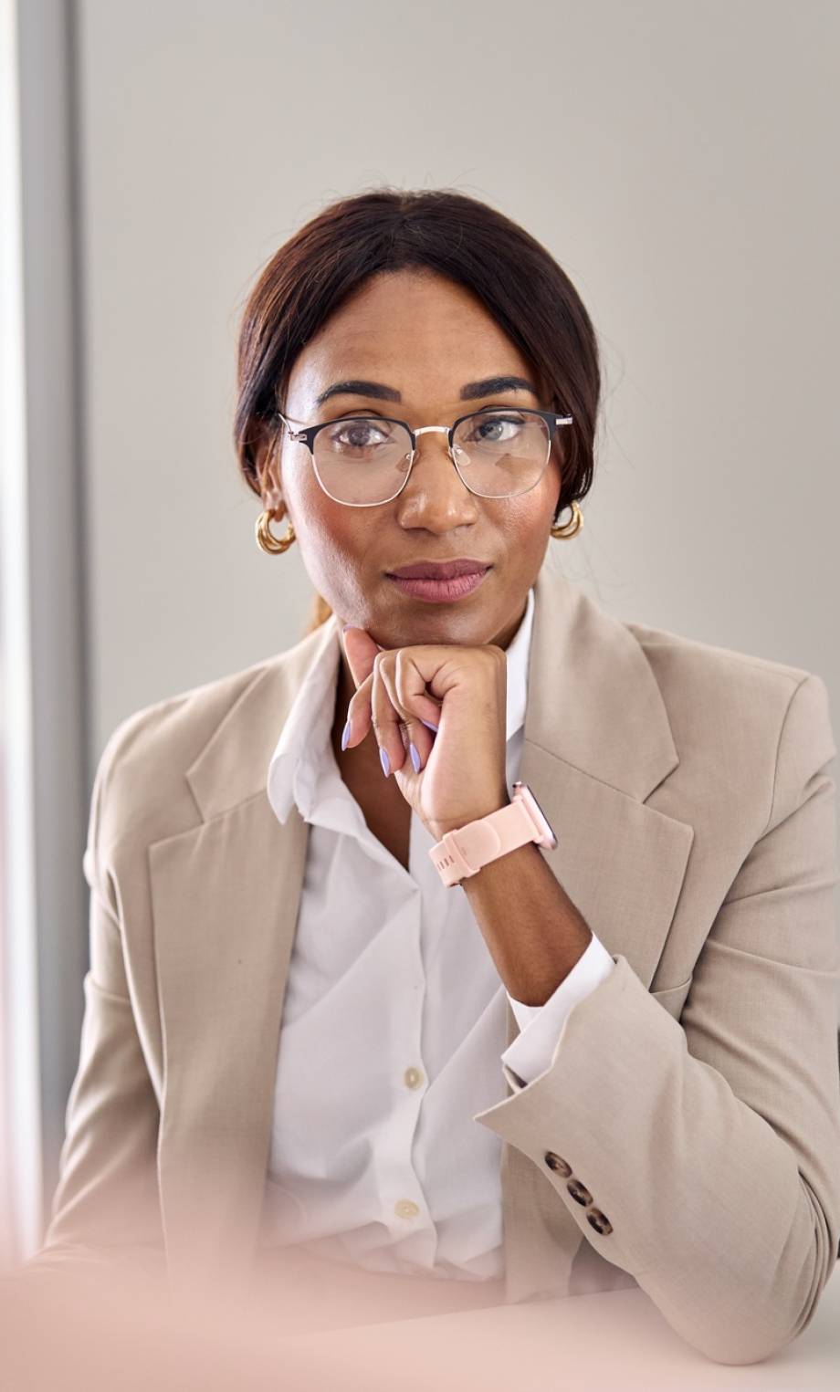 African American business woman thinking feeling doubt during interview meeting.
